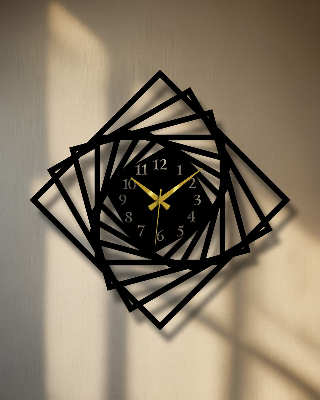 The wall's color transitions from bright beige to warm, shadowed brown, providing depth for the black spiral unique metal wall art clock.