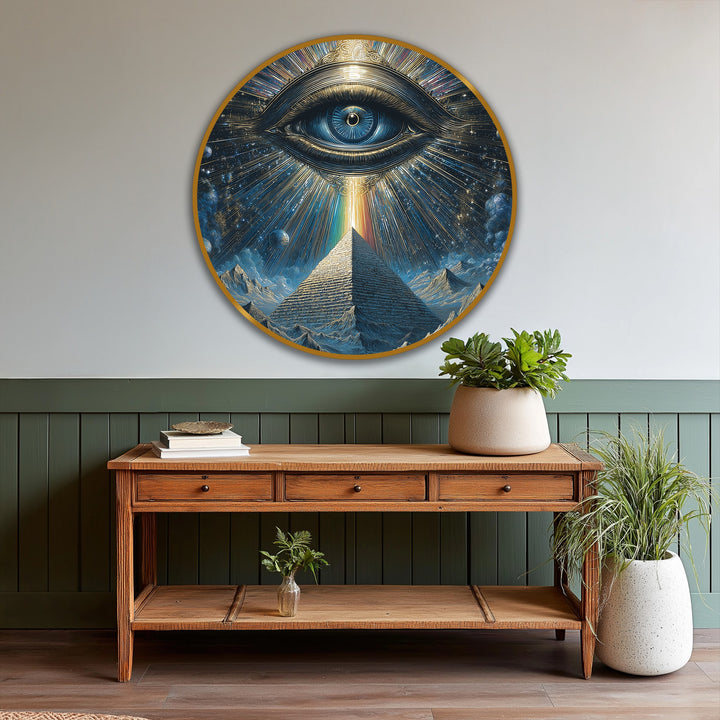 Framed with a gold border, this celestial vision showcases mystical pyramid eye oil painting artwork within its circular edge.