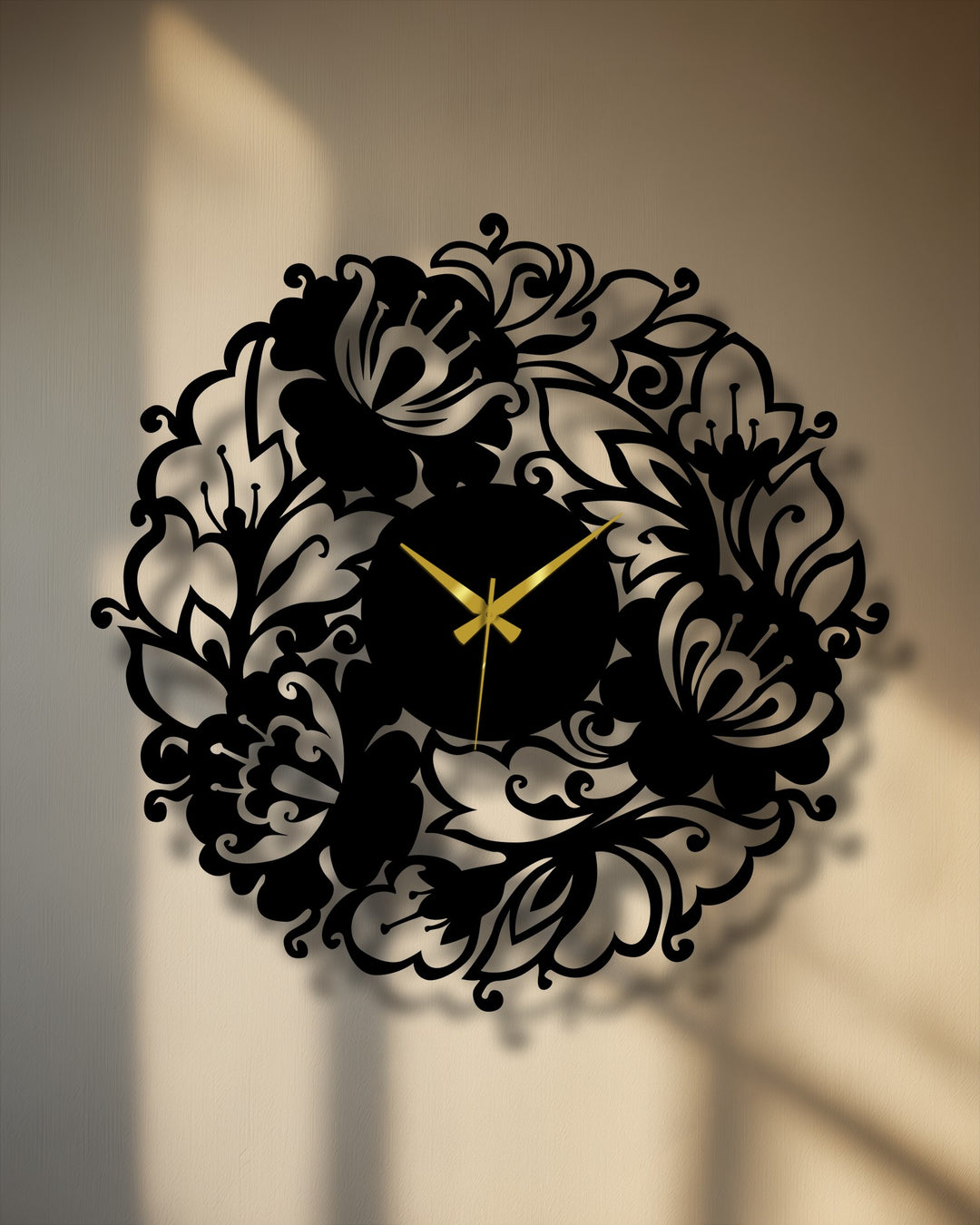 Blooming garden's organic forms intertwine in this decorative metal art clock, an elegant floral design for a nature-inspired timepiece.