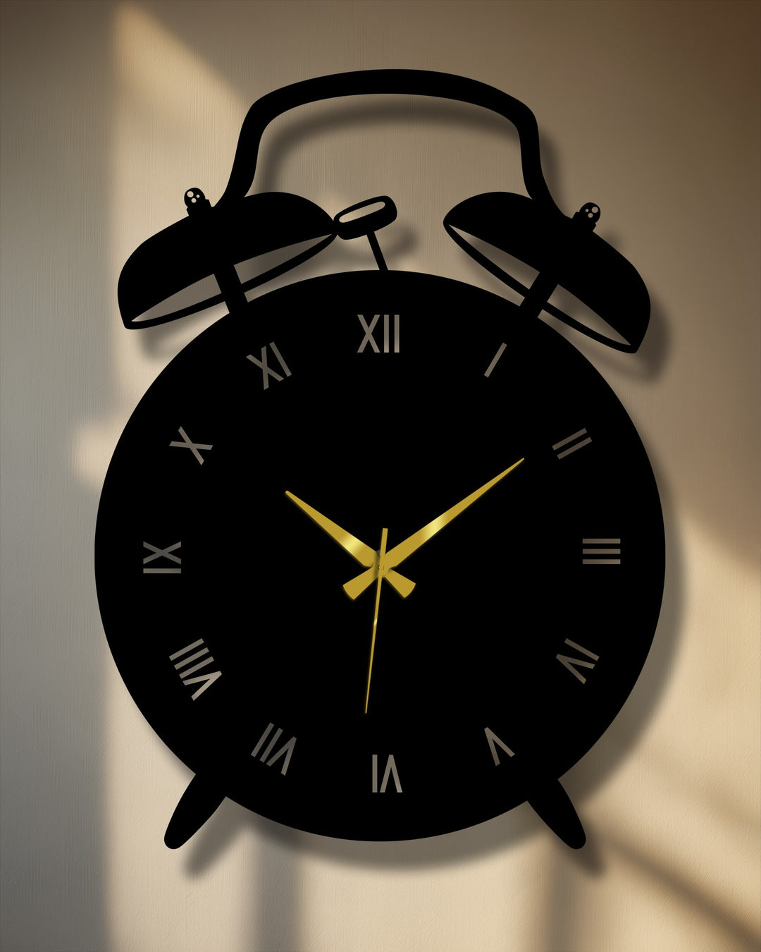 Showcasing depth and layers, this unique metal wall art clock mimics a vintage alarm clock with intricate shadows and gold accents.