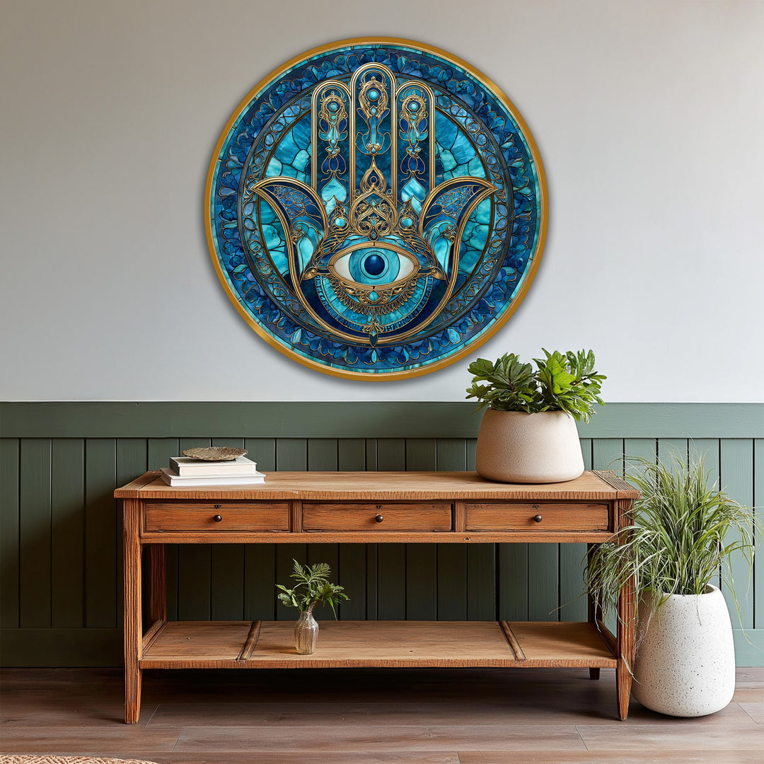 The stillness of the room emphasizes the detail in this round blue Nazar Hamsa oil painting wall art on wood, offering a moment of protective contemplation.