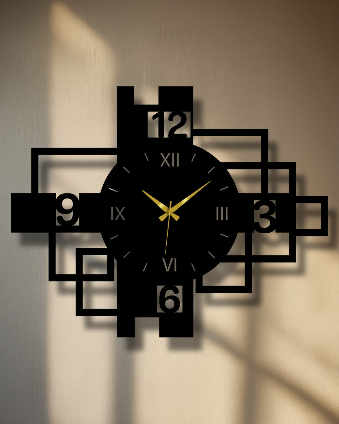 Alternating light and shadow accentuate the geometric shapes of this modern metal wall clock, creating a unique metal wall art piece with a striking visual effect.