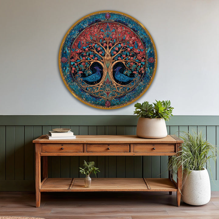 Dominant red tones accent the vibrant Eternal Harmony round oil painting with blue birds, an ornate tree of life, and an inviting oil painting home decor.