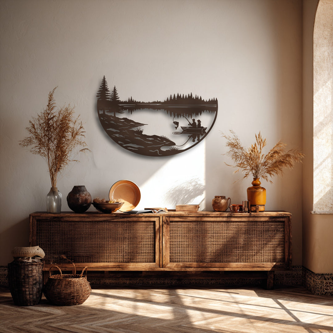 Visual rhythm flows through the forest reflections and fishing scene of this unique metal wall art, portraying a peaceful lake landscape.