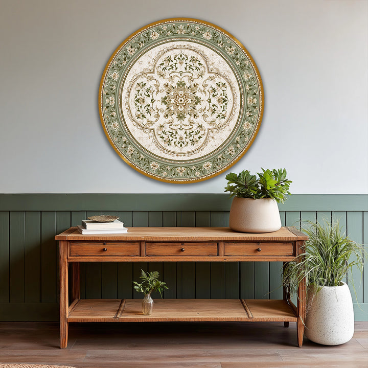 The stillness of the vintage sage green floral mandala round oil painting decoration, a captivating piece of art, brings antique charm to any room.