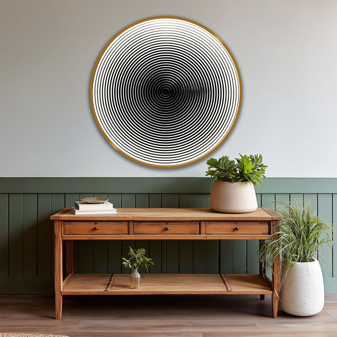 Highlighting the layering effect, this circular oil painting wall art features hypnotic black lines that create a mesmerizing, minimalist depth.