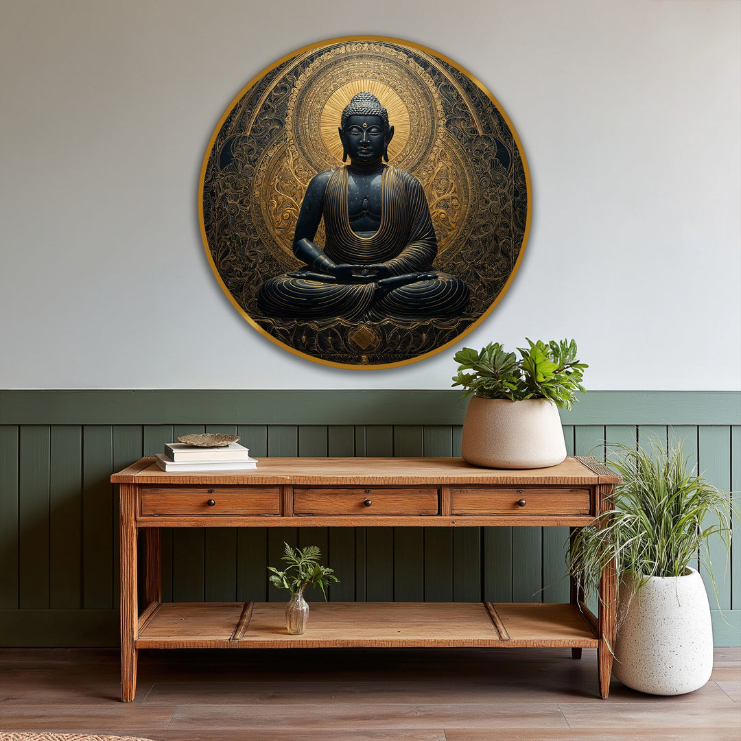 Negative space around the golden serenity Buddha creates a striking oil painting art piece, emphasizing the serene central figure and round mandala halo.
