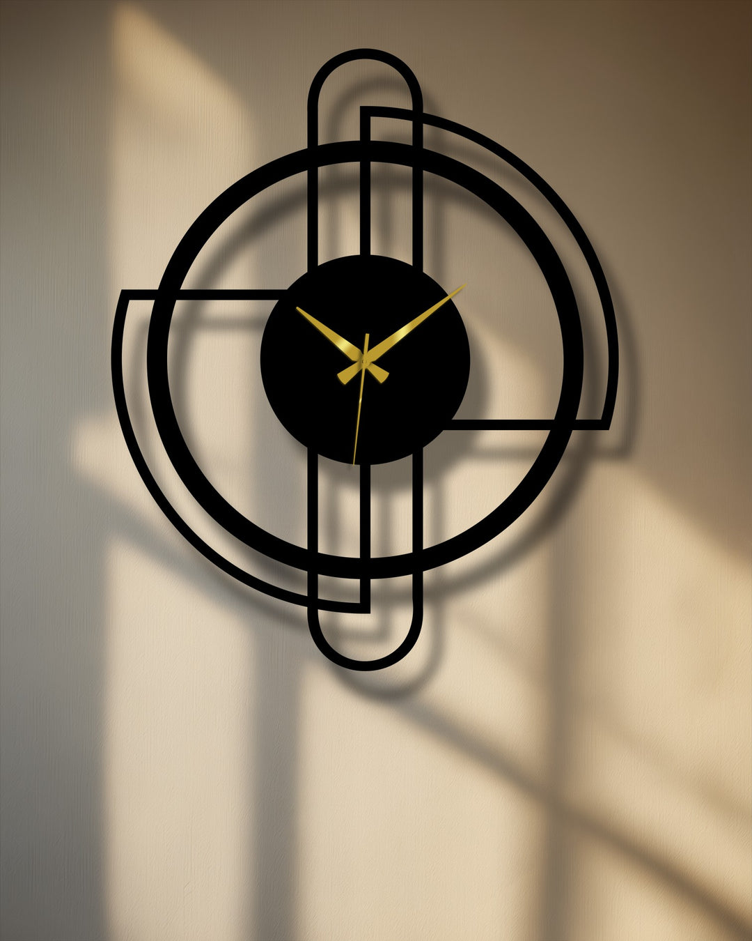 Layering is emphasized in this modern circle frame metal artwork wall clock, showcasing a minimal line design with contrasting shadows.