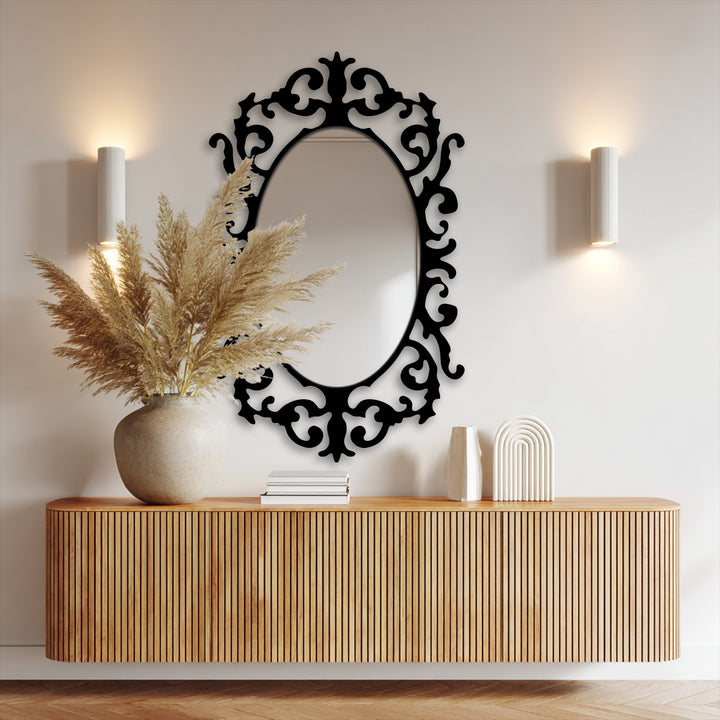The elegantly styled Victorian mirror's curved frame creates a striking layering effect, enhancing the framed wall mirror as a captivating focal point.