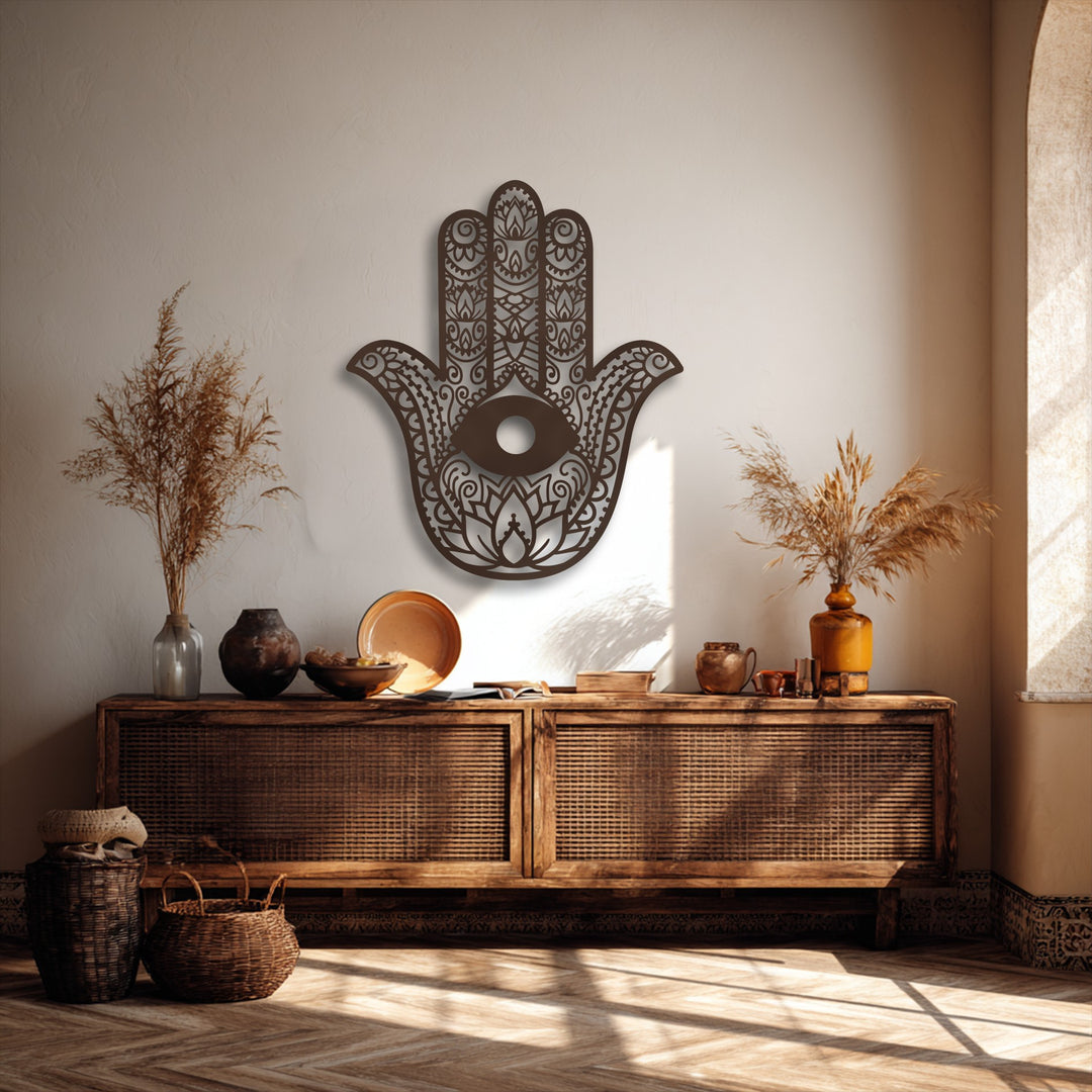Negative space defines the elaborate Hamsa Hand Metal Wall Art, featuring an evil eye design and forming spiritual metal wall decor.