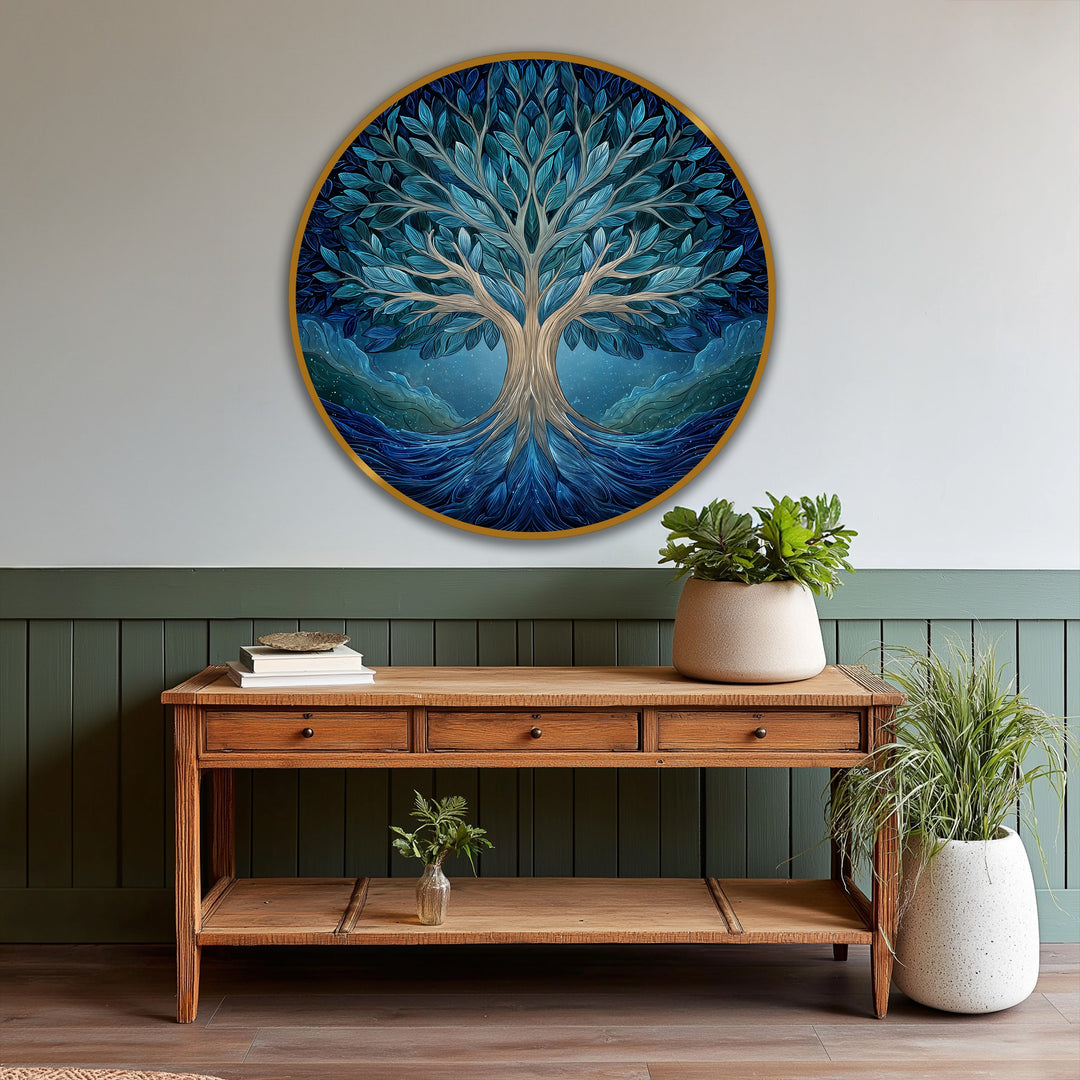 Brightest parts of the tree trunk highlight the intricate detail in this captivating round oil painting art piece titled 'Midnight Harmony – Blue Tree of Life'.