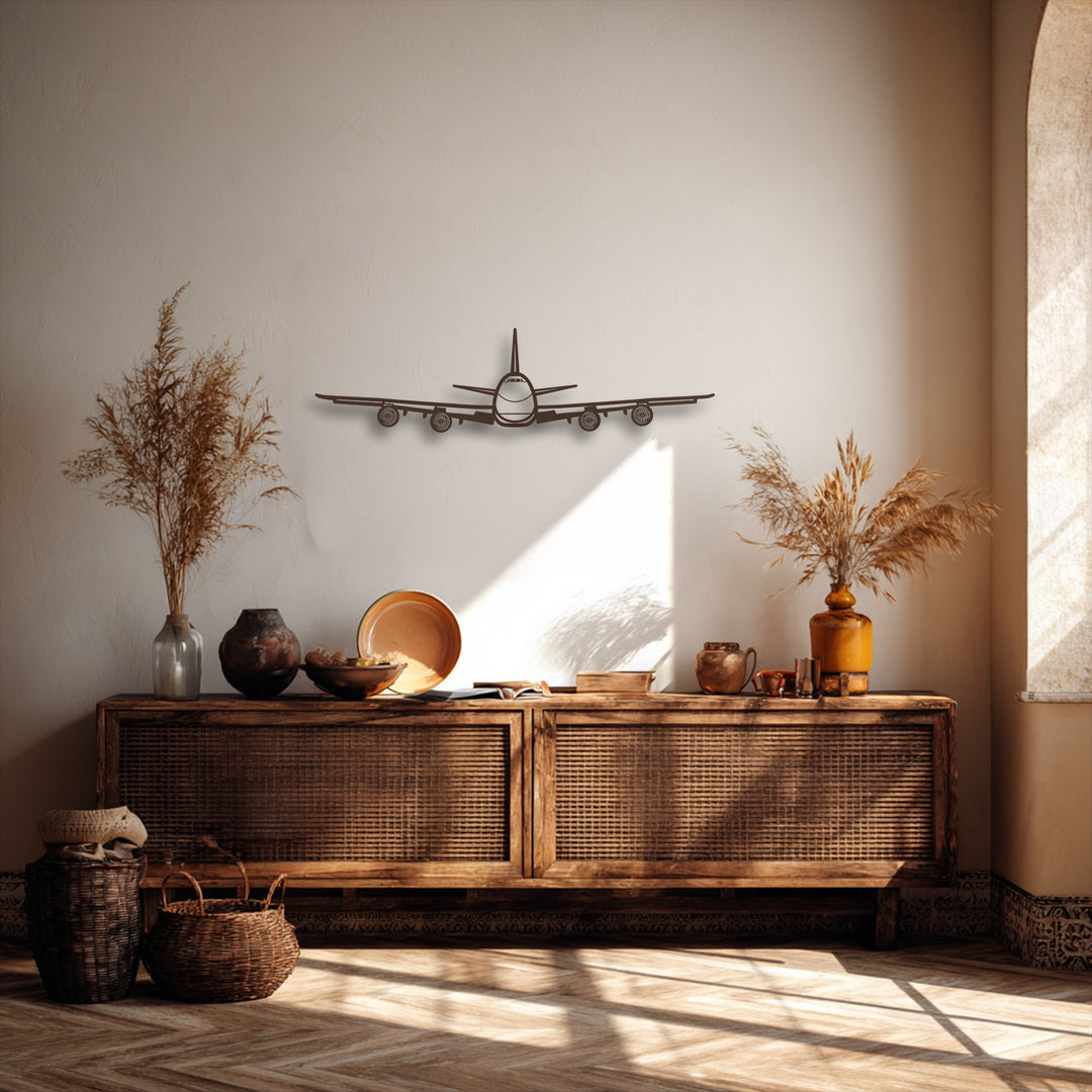 The central subject is an Airplane Front View metal art for wall, showcasing intricate aviation decor above a rustic wooden cabinet.