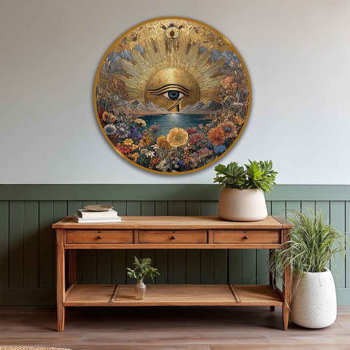 Layering the flowers, lake, and mountains towards the horizon creates depth within this circular golden horizon eye landscape wooden oil painting decoration.