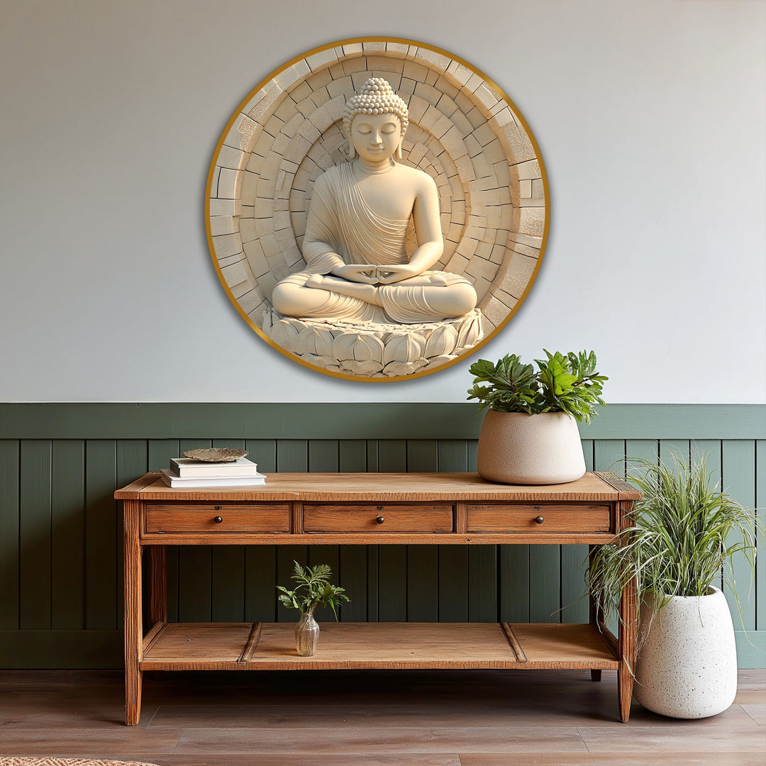 Visual rhythm flows within this ivory Buddha round oil painting, where the structured stone arch creates a repeating, elegant pattern for a modern oil painting art feel.