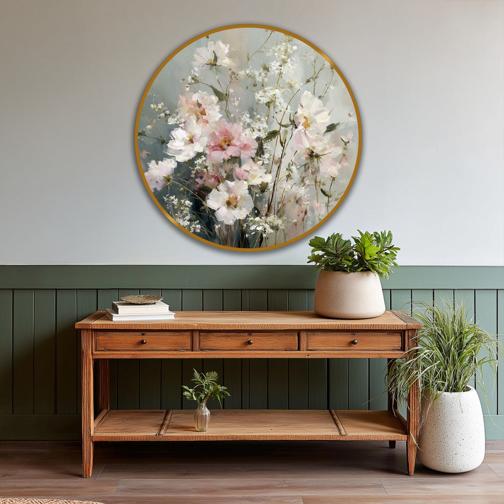 Featuring a striking color contrast, the soft pastel wildflowers round oil painting is an elegant, modern oil painting art piece.