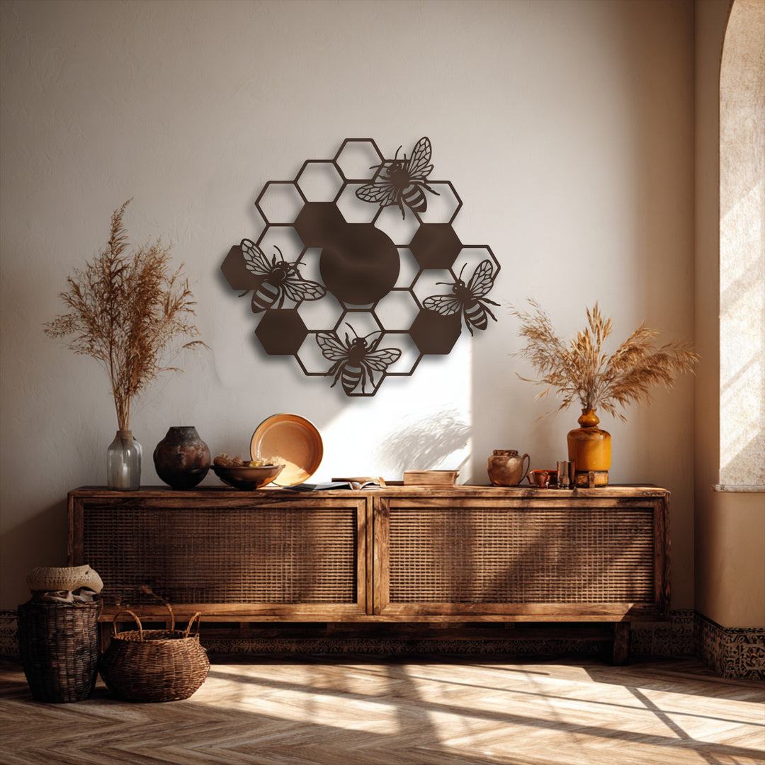 The dynamic composition of the honeycomb bees metal artwork creates a vibrant sense of buzzing movement around the nature-inspired wall art.