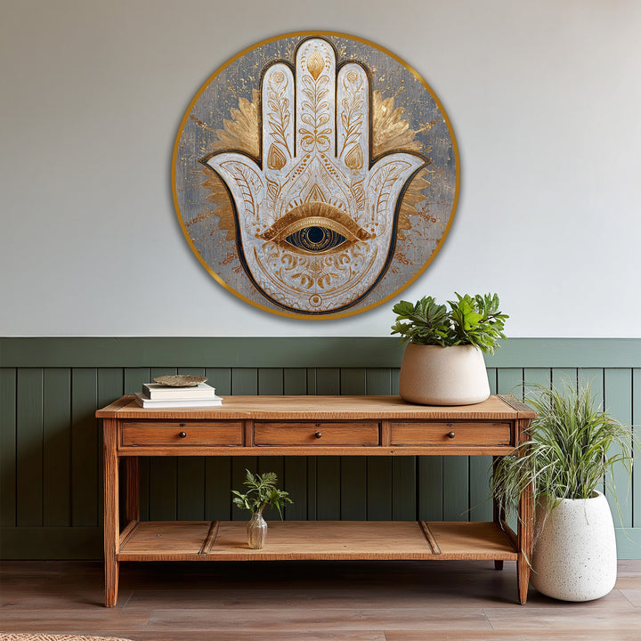 Centered in ornate detail, the sacred hamsa eye is showcased in this oil painting reproduction print of the round wooden wall art.