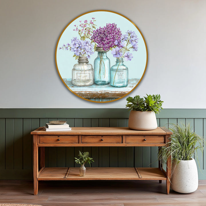Brightest area reveals pastel wildflower jars round oil painting, a delightful example of oil painting art prints featuring glass jars brimming with soft floral blooms.