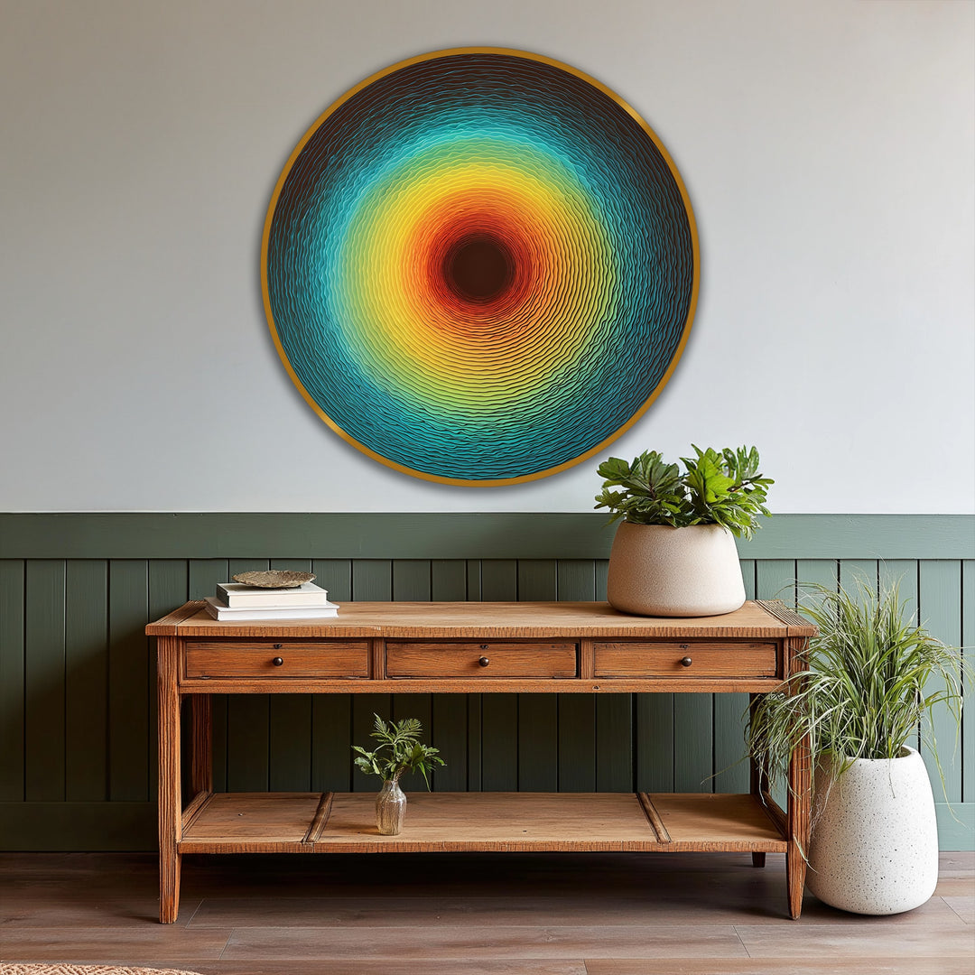 Featuring gradients of red, yellow, turquoise, and brown, this round abstract oil painting embodies modern oil painting art with its radial design.