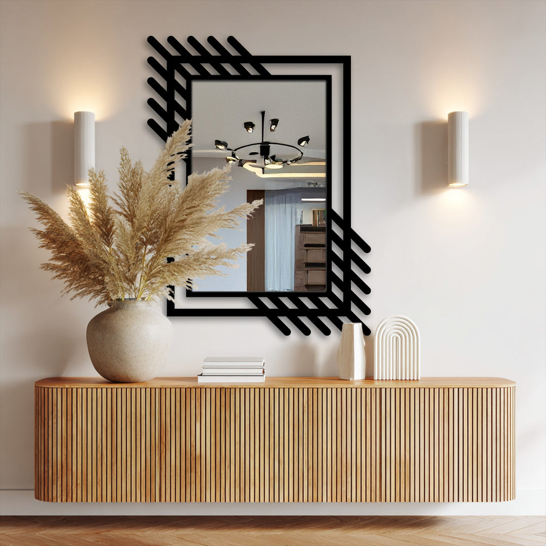 Calm contemporary mood featuring an abstract linear frame metal wall mirror, bringing a stylish and decorative mirror for wall decor accent to the minimalist setting.