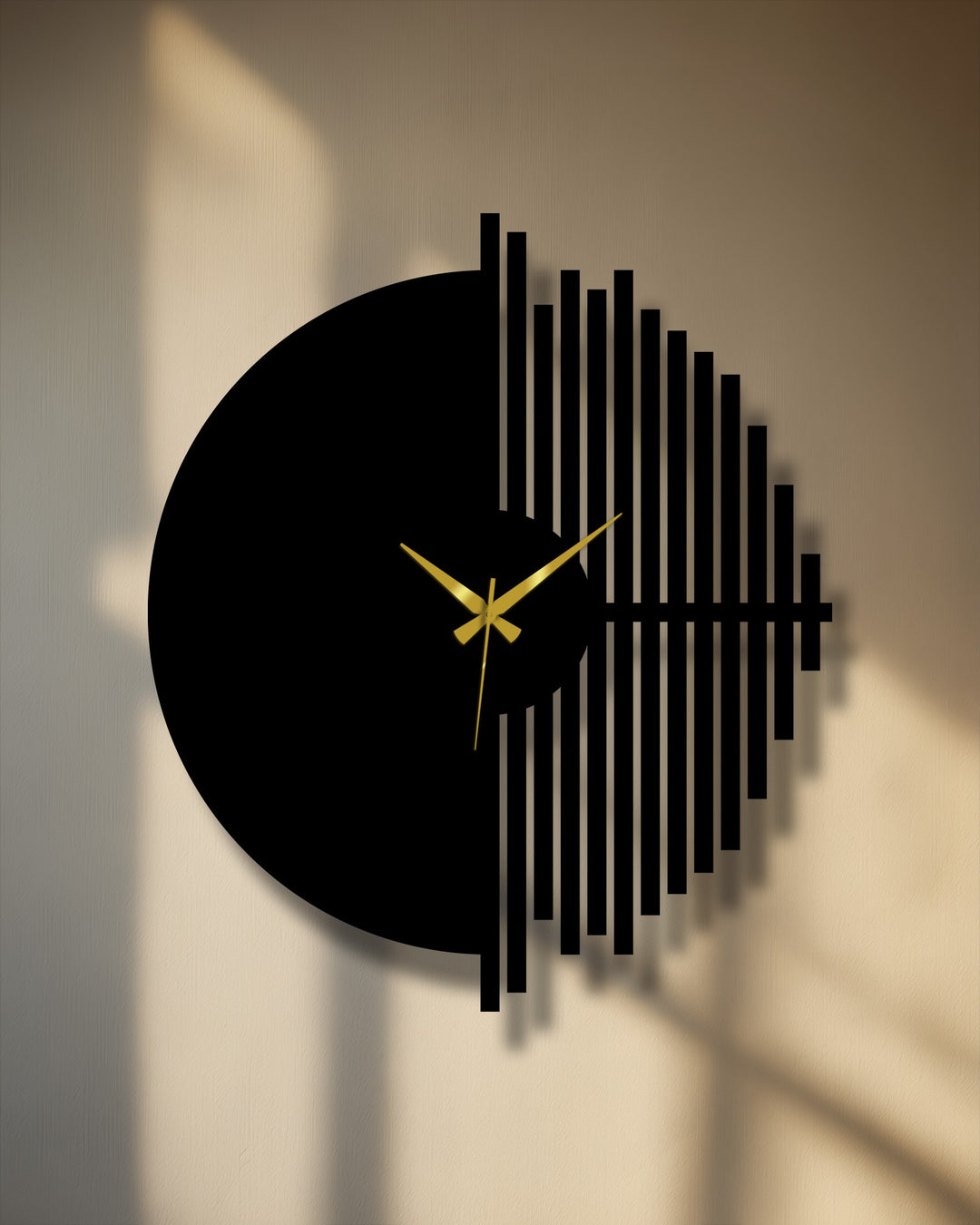 Low color saturation emphasizes the black in this modern metal wall decor clock, contrasting geometric lines with gold hands.