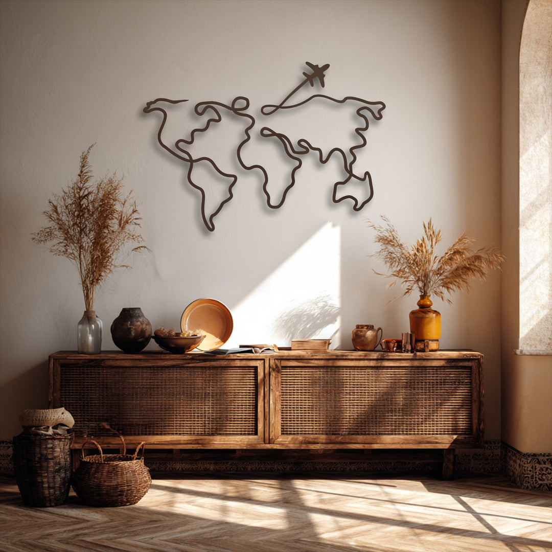 The matte texture of the minimalist world map unique metal wall art stands out against the finely textured wall.