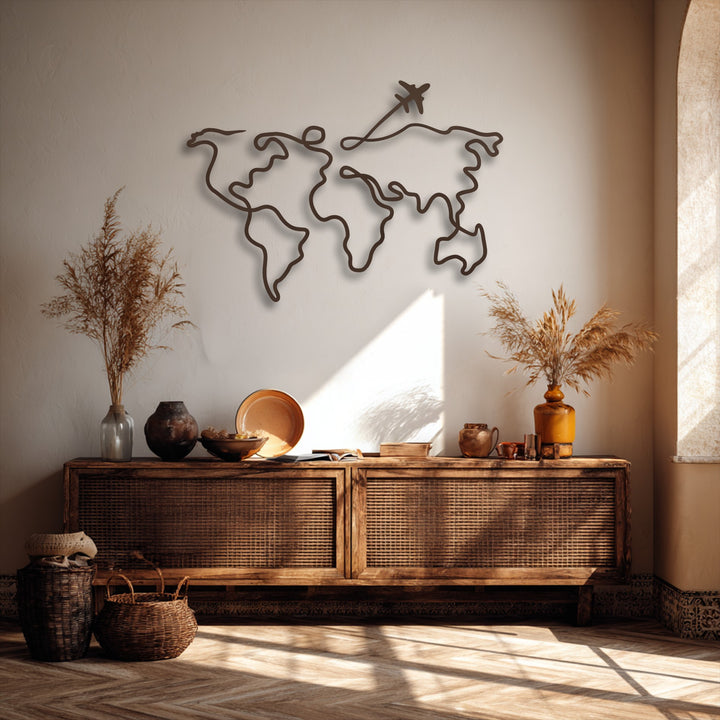 The matte texture of the minimalist world map unique metal wall art stands out against the finely textured wall.