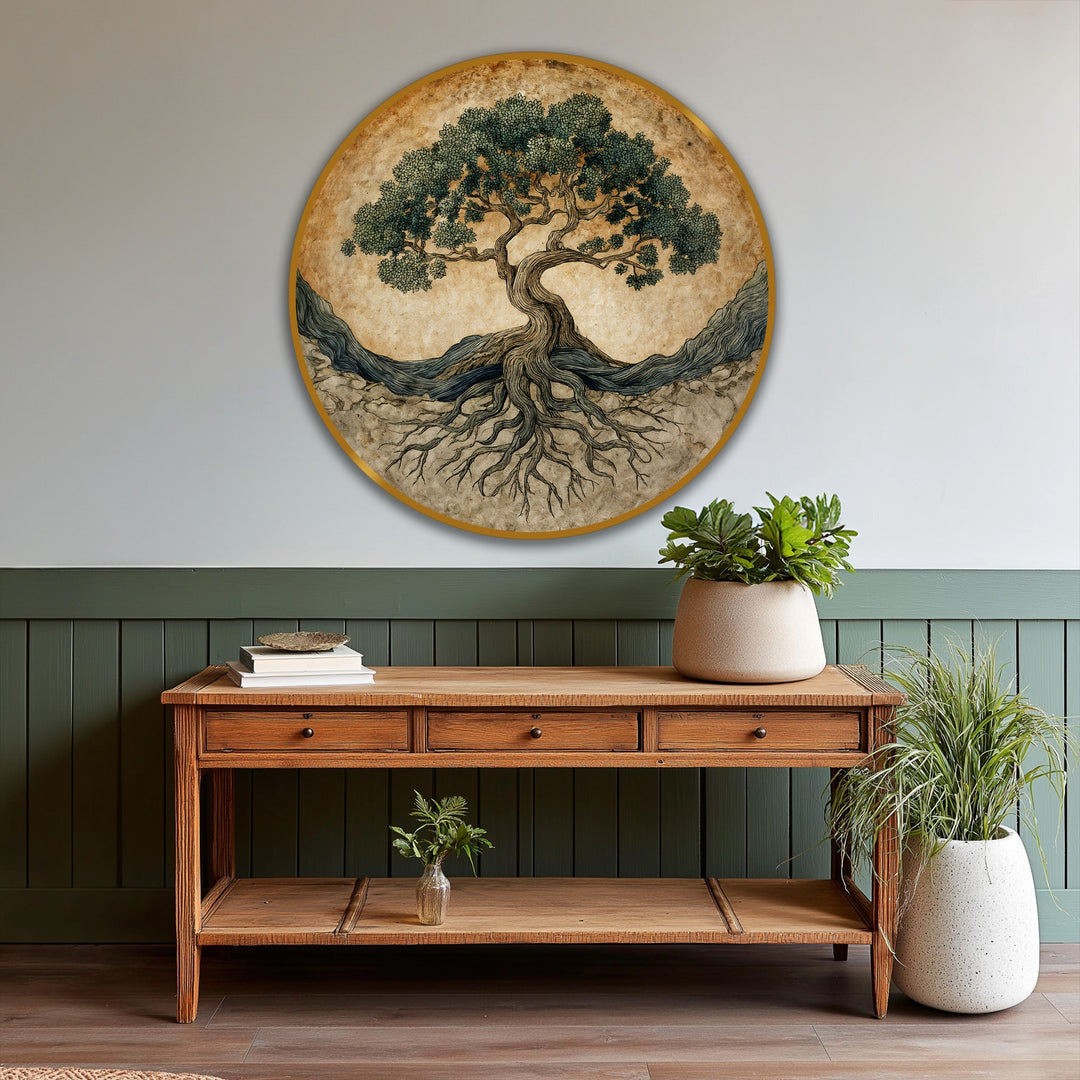 Delicate depth and layers are captured in this round oil painting artwork, highlighting the intricate roots and branches of the symbolic Tree of Life.