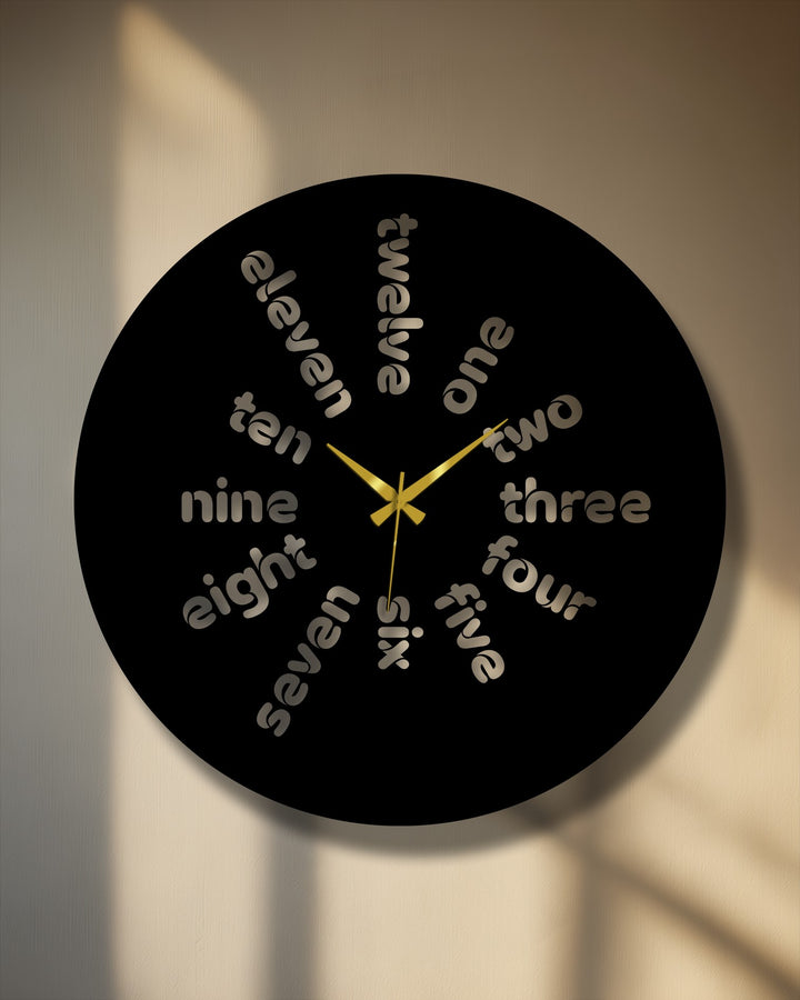 Textured metal surface of the Word Time metal wall clock showcases a modern typography design, enhancing the metal wall decor with sleek and smooth accents.