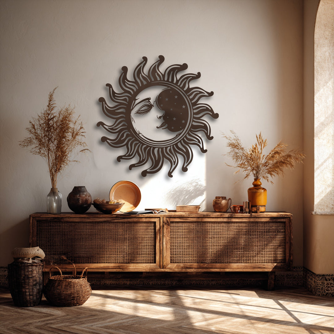 Sun and Moon Metal Wall Art – Celestial Face Design