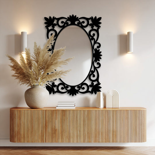 Highlighting the layering effect, the floral crown oval decorative wall mirror enhances the home decor with its elegant frame as a stylish bathroom mirror.