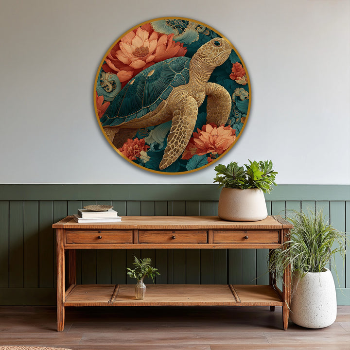 Contemplative energy emanates from this modern oil painting art featuring a golden sea turtle amidst coral flowers, creating an elegant and peaceful mood.