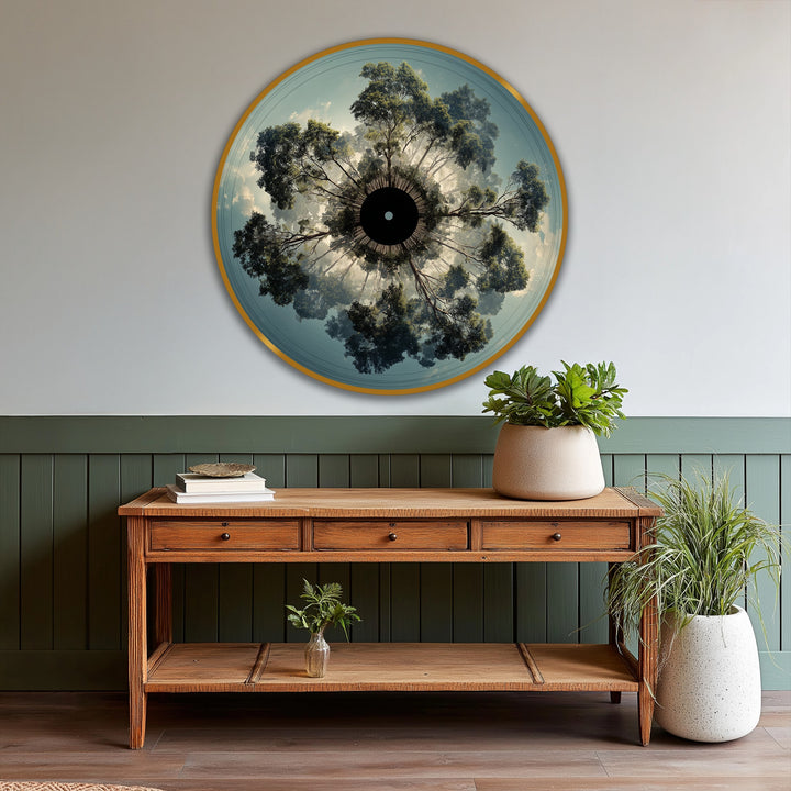 Cool color temperature highlights the radial forest perspective in this round oil painting decoration, showcasing skyward tree symmetry with immersive depth.
