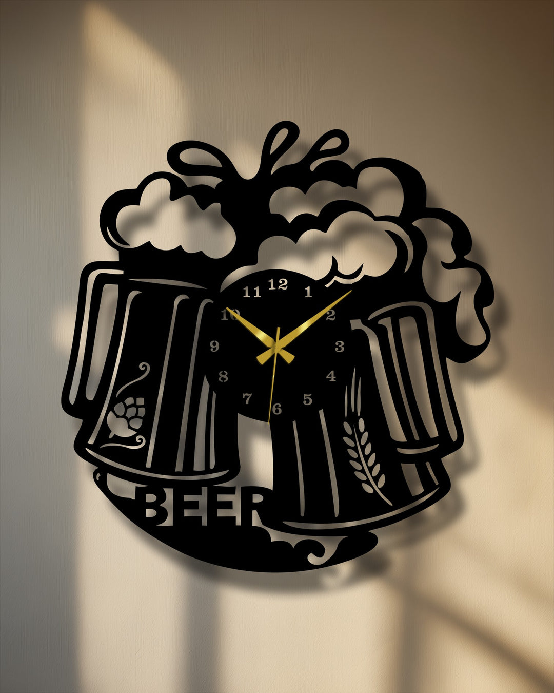 Black dominates this frothy beer mug metal wall clock, a bold example of metal art for wall displaying a unique, pub-style beverage design.