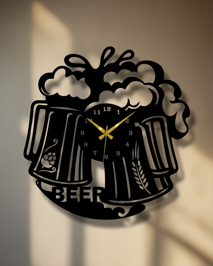 Black dominates this frothy beer mug metal wall clock, a bold example of metal art for wall displaying a unique, pub-style beverage design.