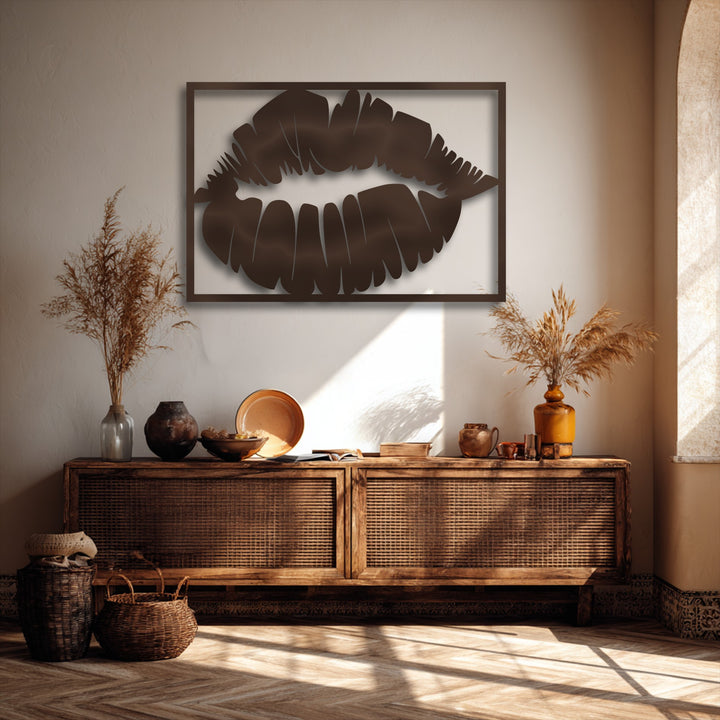 The visual rhythm of this decoration wall art is created by the undulating lines of the bold kiss silhouette, complementing the textures of the room.