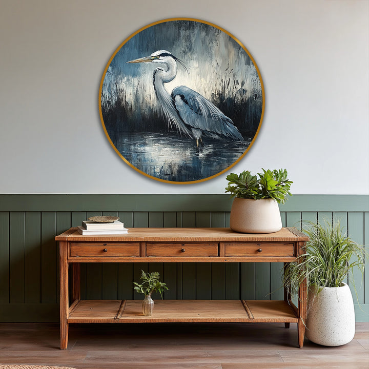 Captured in the stillness of dawn, an elegant heron stands in a reflective pool in this round oil painting wall art, a study in the art of oil painting wall art.