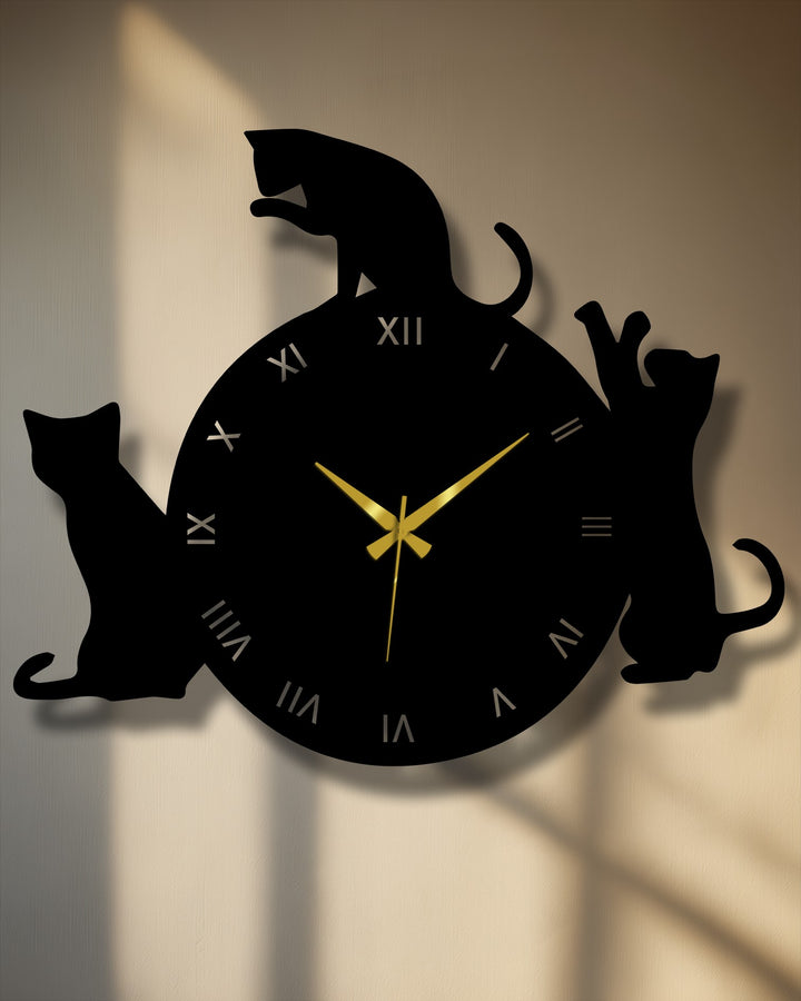 Showcasing depth and layers, the playful cat silhouette clock uses metal art for wall decor to cast shadows that enhance its three-dimensional quality.