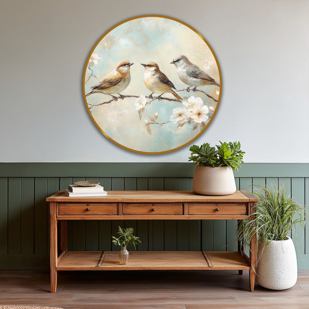 Illustrating the layering effect, this whispering blossoms oil painting wall art features three songbirds perched among delicate blooms, creating depth and texture.