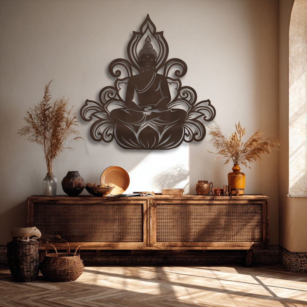 Strong sunlight creates defined shadows behind the serene Buddha lotus silhouette unique metal wall art, illuminating the textured wall and wooden console.
