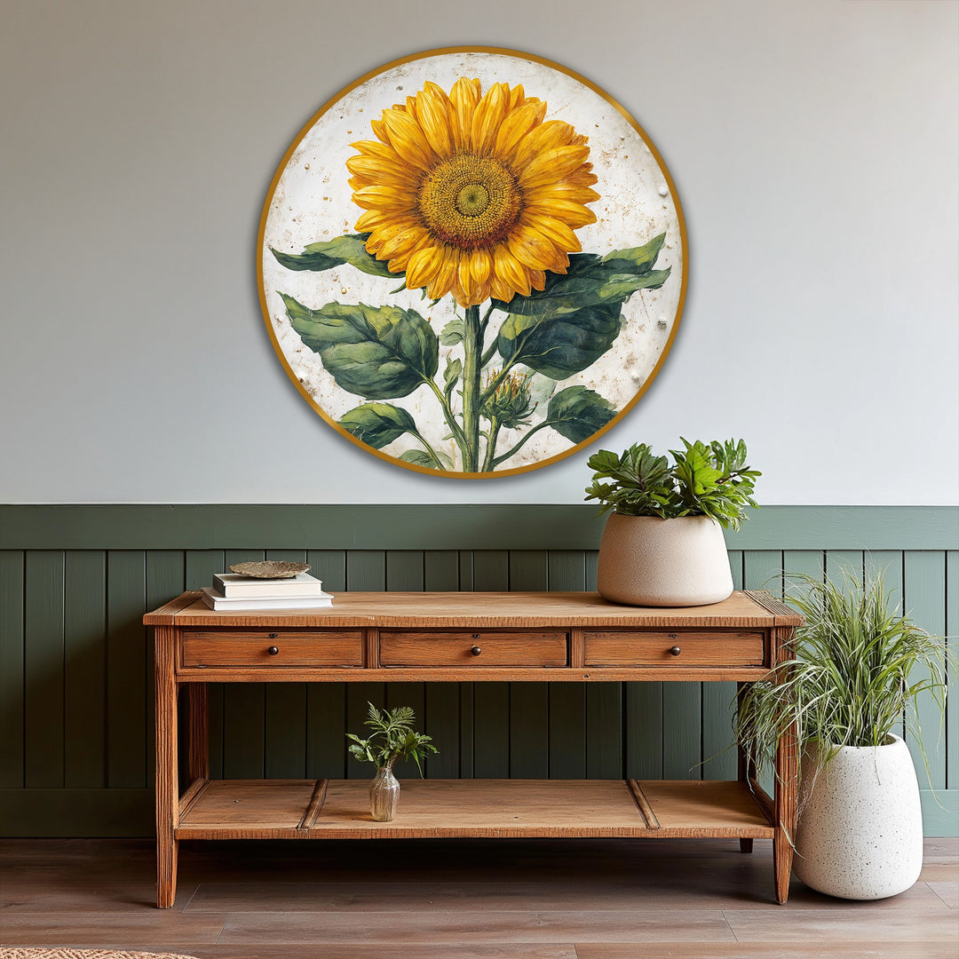 The stillness of this golden radiance oil painting art prints captures the sunflower’s botanical details in a round composition, casting a serene floral presence.