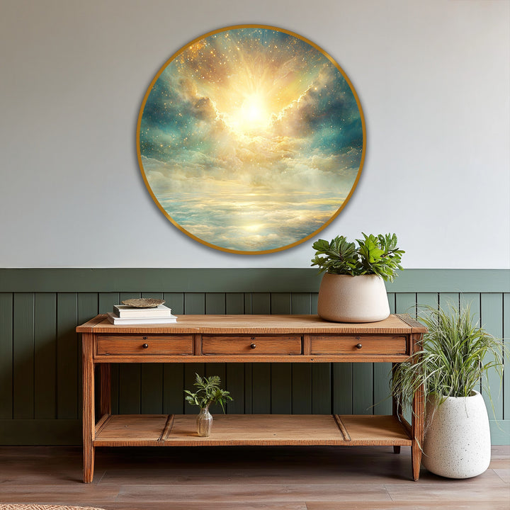 Golden hues dominate this celestial radiance round oil painting wall art, depicting a divine sky with luminous clouds and a bright, ethereal glow.