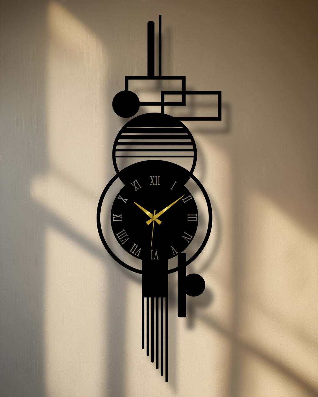 Warm color temperature highlights the sleek black modern vertical abstract metal artwork wall clock's geometric Roman numeral decor, casting shadows on the textured wall.