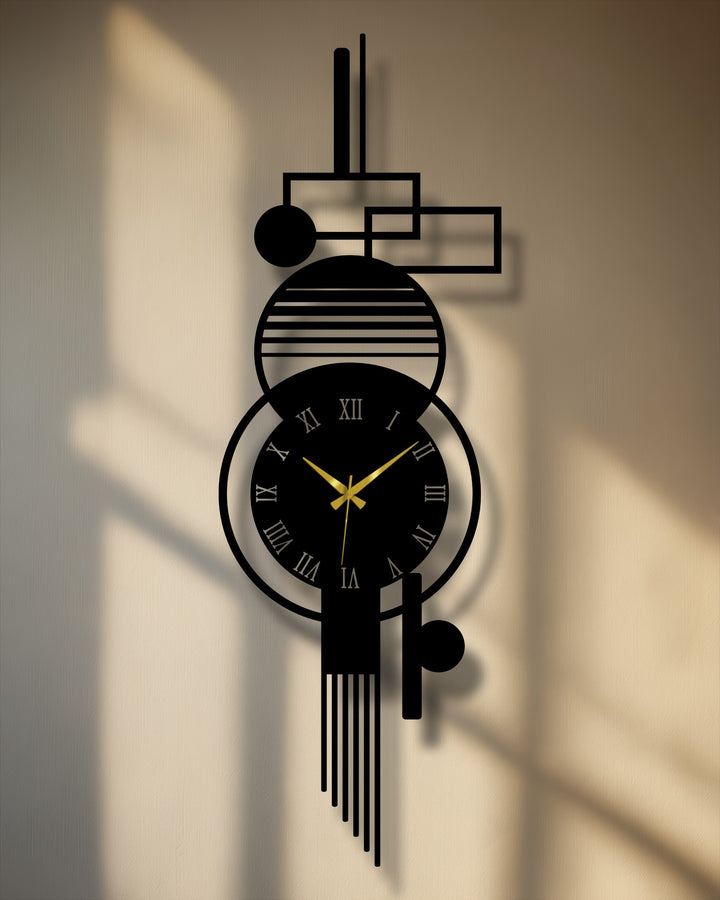 Warm color temperature highlights the sleek black modern vertical abstract metal artwork wall clock's geometric Roman numeral decor, casting shadows on the textured wall.
