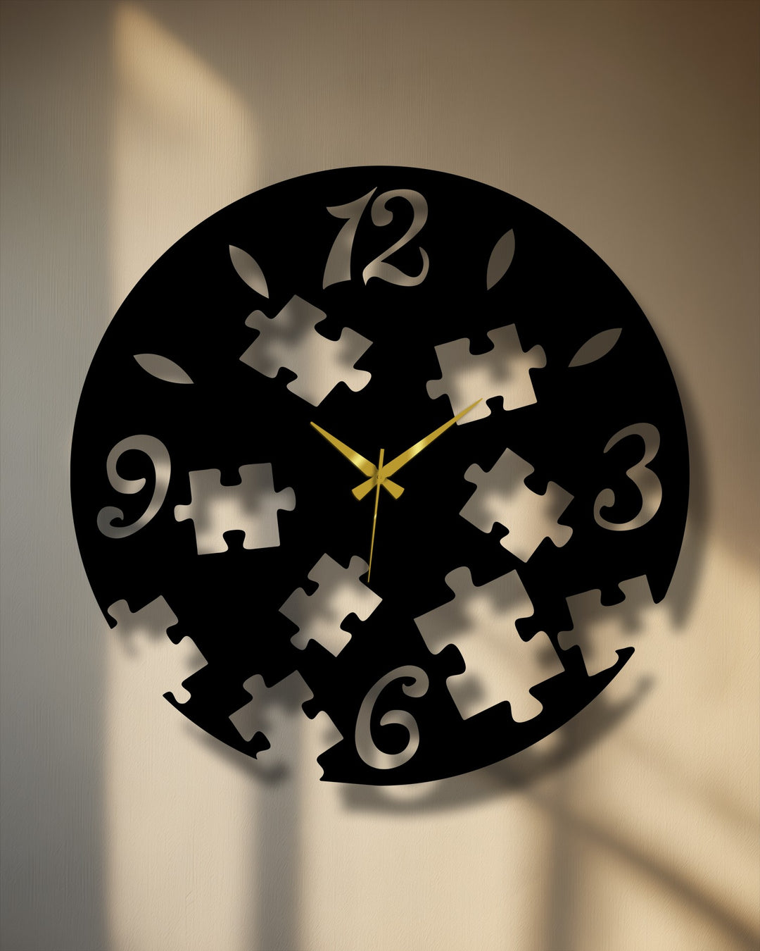 The brightest area highlights the creative abstract decoration wall art in this puzzle pieces metal wall clock.