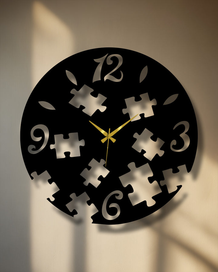 The brightest area highlights the creative abstract decoration wall art in this puzzle pieces metal wall clock.