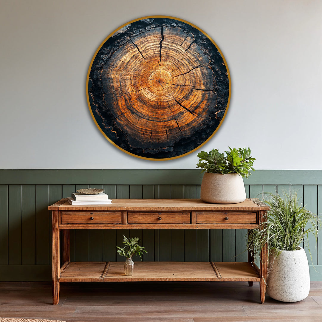 Minimal negative space surrounds this striking round oil painting art piece, showcasing the rich texture and glowing rings of an eternal tree core.