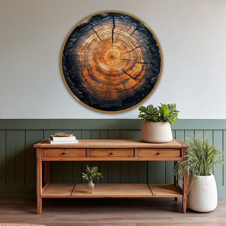 Minimal negative space surrounds this striking round oil painting art piece, showcasing the rich texture and glowing rings of an eternal tree core.