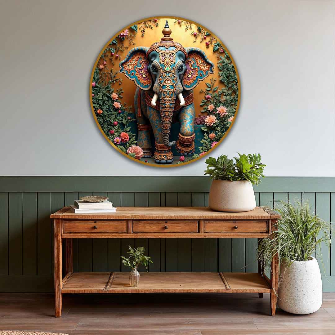 Evoking a tranquil and spiritual mood, this floral Ganesha round oil painting showcases an intricate oil painting reproduction print with golden tones and ornate details.