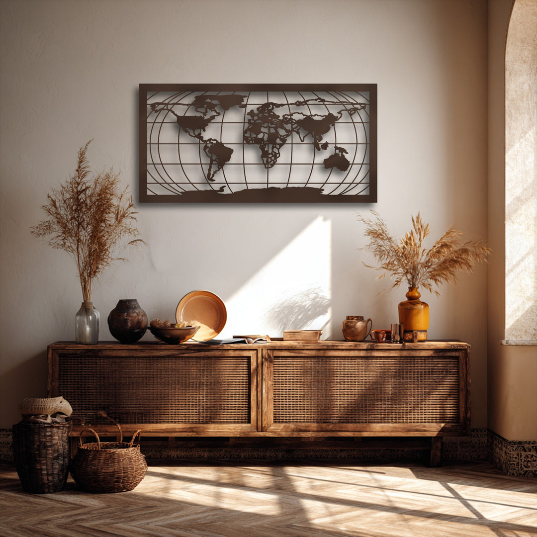 The distinct, dark brown frame and grid lines define the edges and borders of this unique metal wall art featuring a world map silhouette.